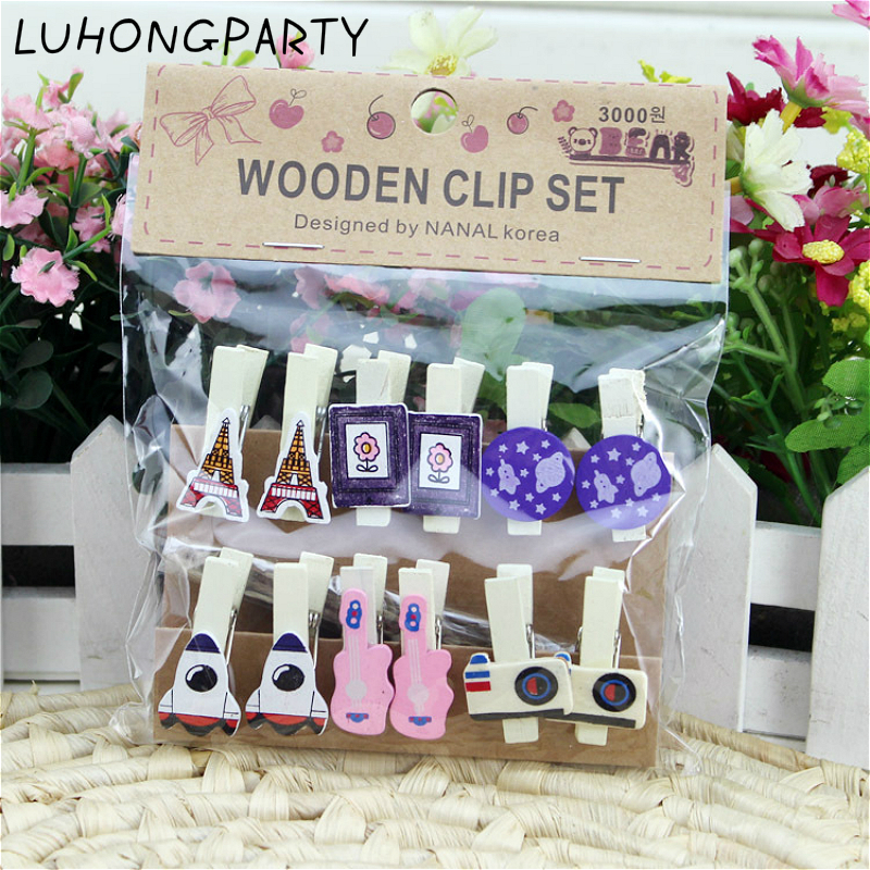 12PCS Music Guitar Fashion Wooden Clothespin Office Supplies Photo Craft Clips DIY Clothes Paper Peg Party Decoration