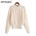 KPYTOMOA Women 2020 Fashion With Ribbed Trims Cable-Knit Sweater Vintage O Neck Long Sleeve Female Pullovers Chic Tops
