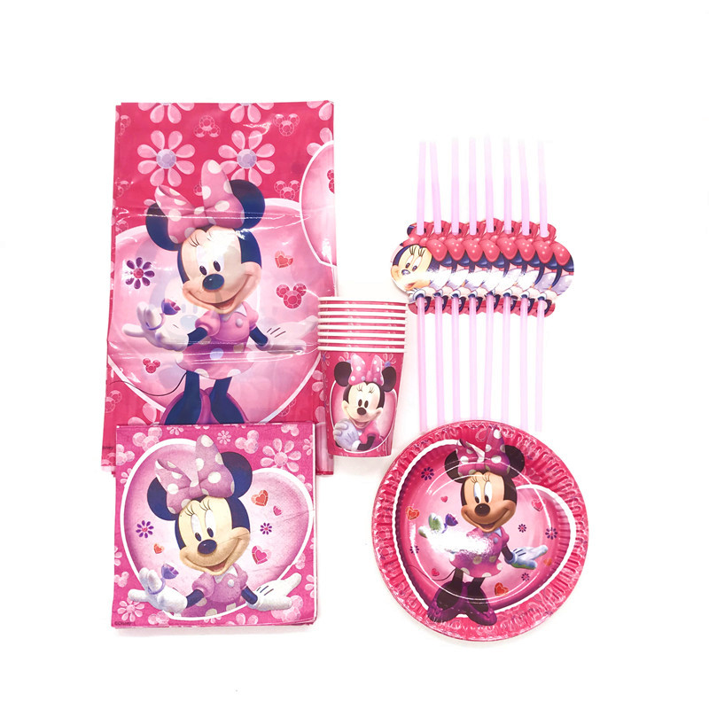 41pcs/lot Pink Minnie Mouse Cartoon Birthday Party Decorations Tablecloth Paper Cup Plate Napkin Flexible Straw Tableware Sets