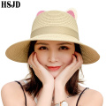 2020 Cute Cat Ears Large Wide Brim Beach Straw Hat Ribbon Bowknot Sun Hats For Women Anti-UV Dome Top Summer Caps Female Bonnet