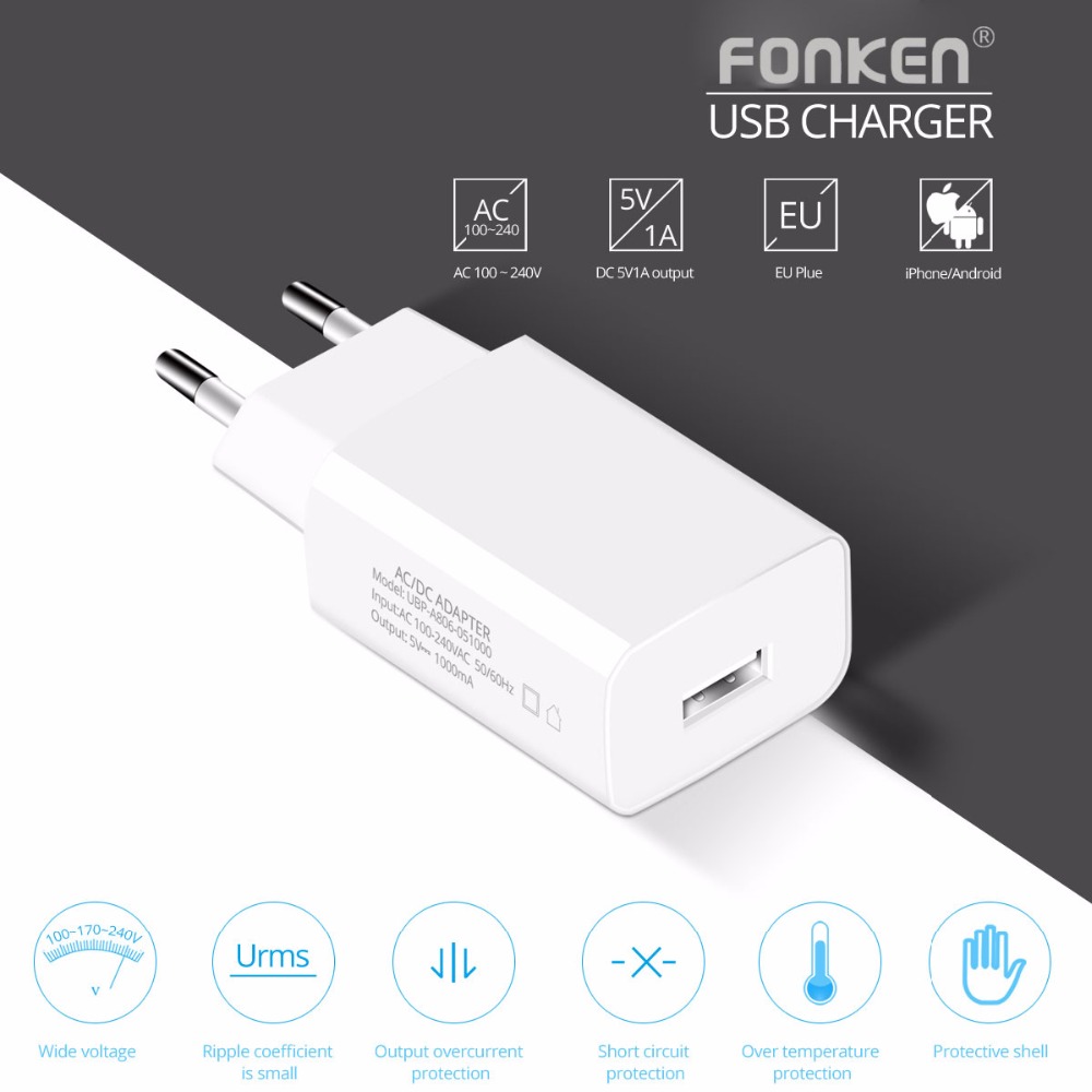 FONKEN USB Charger 5W 5V 1A Universal Phone Charger Portable Wall Charger USB Power Adapter Charging for Samsung Mobile Phone