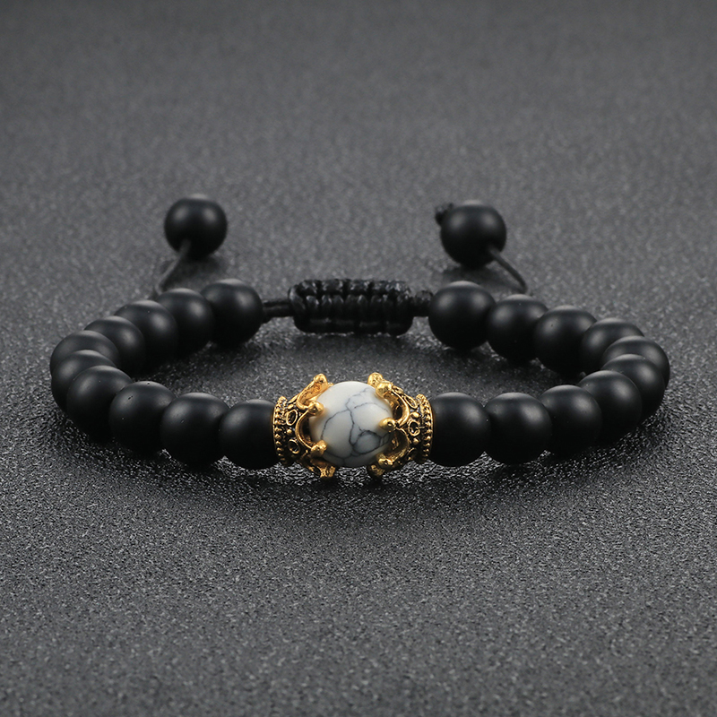 New Adjustable Tiger Eye Stone Bracelet Charm King Crown Men Black Onyx Hematite Beads Bracelets Bangles Jewelry Male Pulseira