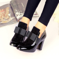 Women Pumps Bow Square Toe Black Patent Leather Chunky Heels Thick Heel Pumps Ankle pu big size boots Booties Leather Shoes