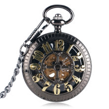 Vintage Retro Black Dial Automatic Mechanical Self-wind Cartoon Mouse Golden Number Men Women Hollow Fob Pocket Watch Chain Gift