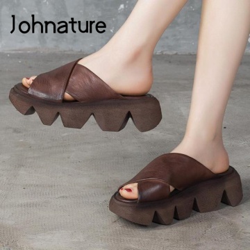 Johnature Platform Slippers Summer 2020 New Women Shoes Genuine Leather Outside Wear Slides Handmade Concise Ladies Slippers