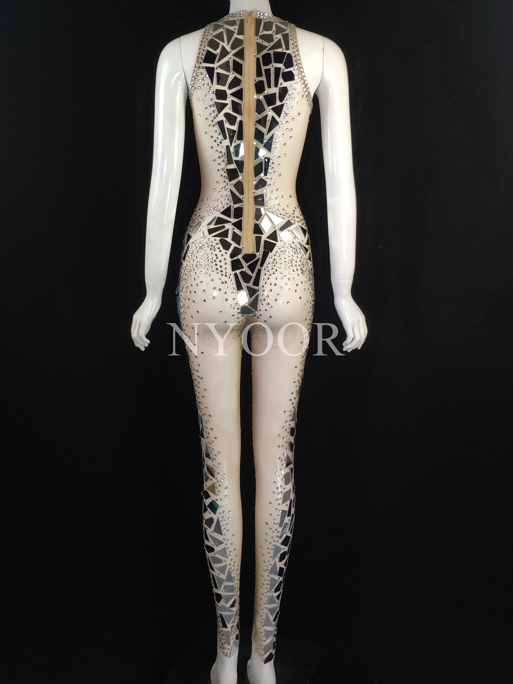 Sexy Sleeveless Transparent Rhinestones Mirrors Jumpsuit Singer Dancer Performance Stage Wear Birthday Celebrate Party Outfit
