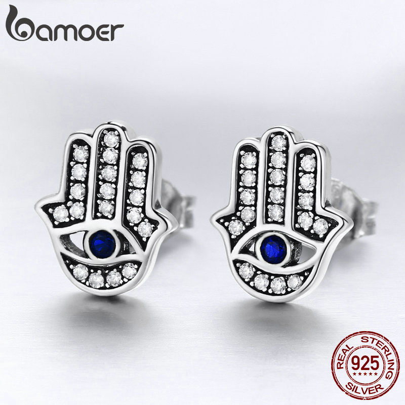 BAMOER Authentic 925 Sterling Silver Hand of Fatima Link Bracelets for Women & Earrings Jewelry Sets Luxury Jewelry Gift ZHS109