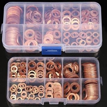 200Pcs copper washer gasket nut and bolt set flat ring seal assortment kit with box M5-M14