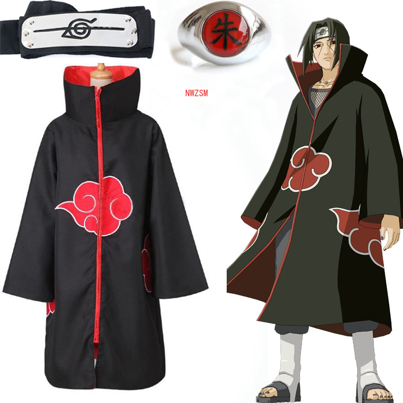 Anime Naruto Akatsuki Cloak Cosplay Costume Uchiha Itachi Ring Headband Men Gifts Sasuke Cloak Robe Cape Halloween Carnival