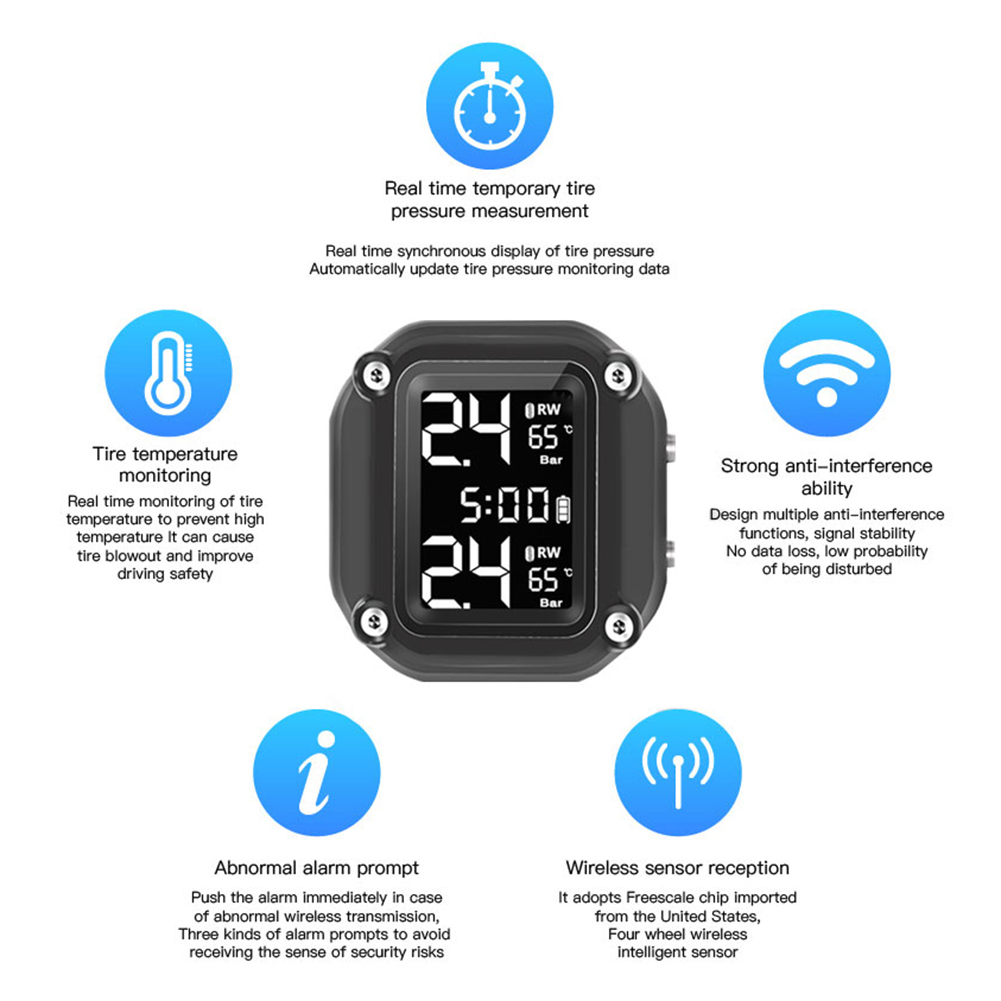 VODOOL Motorcycle TPMS Tire Pressure Monitoring System LCD Real Time Tyre Pressure Temperature Display Security Alarm Systems