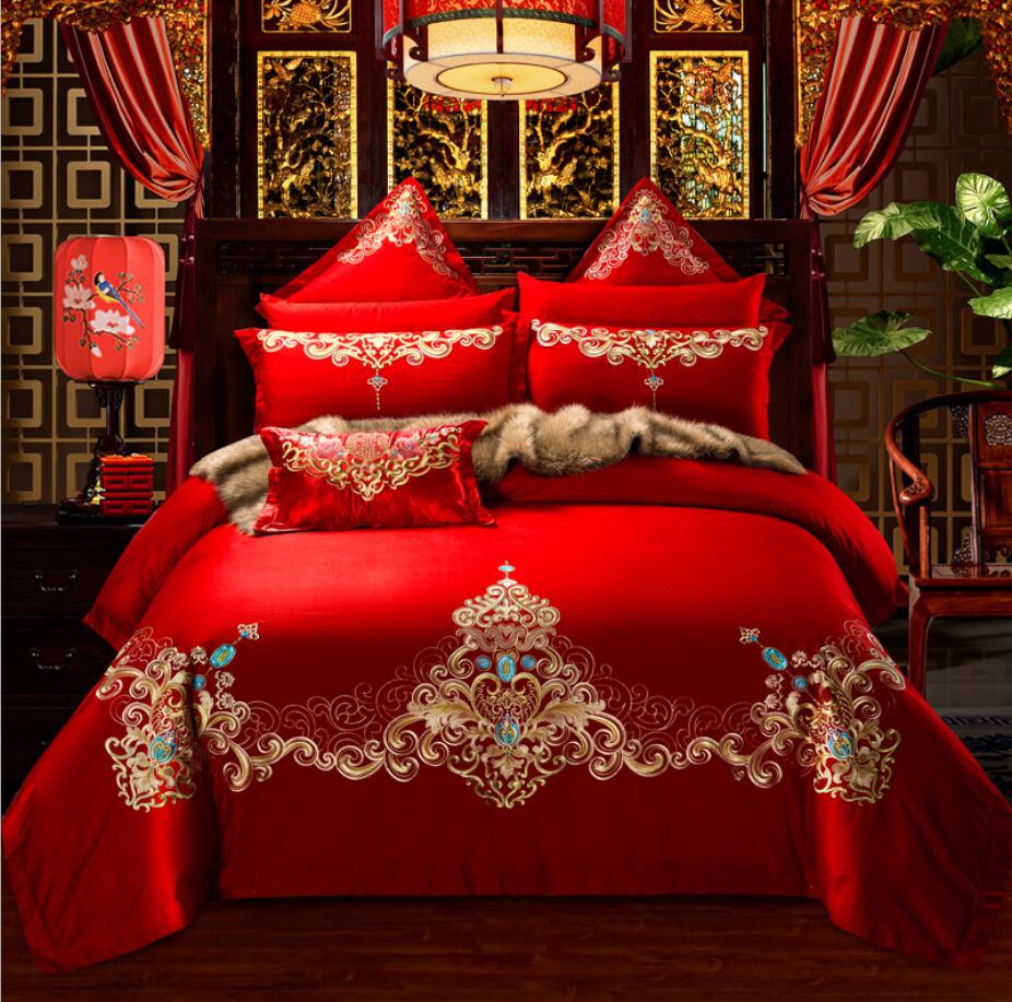 Red Chinese Style Wedding Embroidery Duvet Cover Bed sheet set Cotton Solid Princess Bedding Set Luxury Romantic Girls Bed cover
