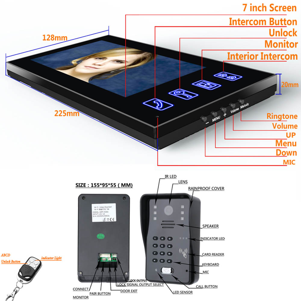 7inch Video Door Phone Intercom Doorbell With RFID Password IR-CUT 1000TV Line Camera Wireless Remote Access Control System