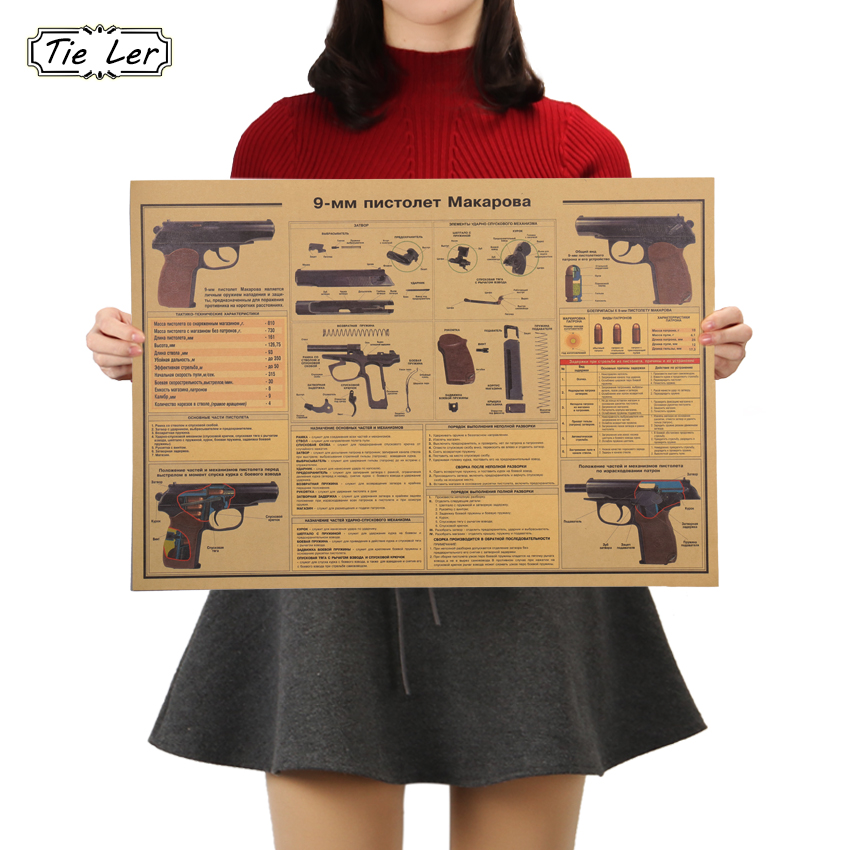 TIE LER 9 MM Pistol Weapon Design Figure Kraft Paper Bar Poster Retro Poster Living Room Stickers Decorative Painting 51x36cm