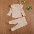 Infant Newborn Baby Girl Rib Solid 2Pcs Top Jogger Pants Suit Cotton Ruffle Shoulder Long Sleeve Shirt Warm Foot Cover Trousers
