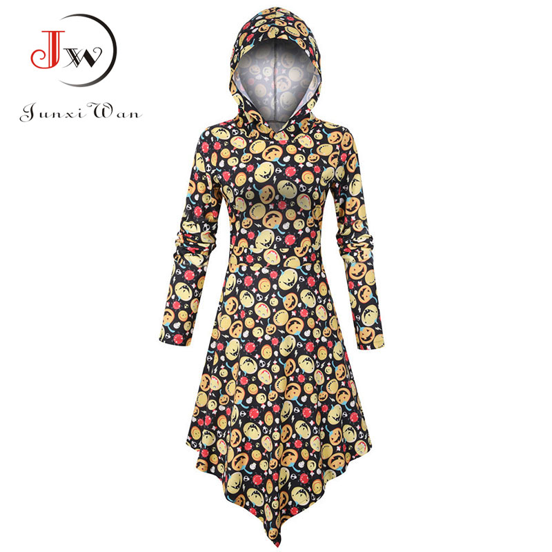 Women Autumn Winter Long Sleeve Print Halloween Dress Casual Hooded A-line Irregular Party Dresses Vestidos Robe Femme Plus Size