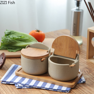 Japanese-style Gray Ceramics Spice Jar Sugar/salt Jar Suit Kitchen Storage Seasoning Tool with Lid