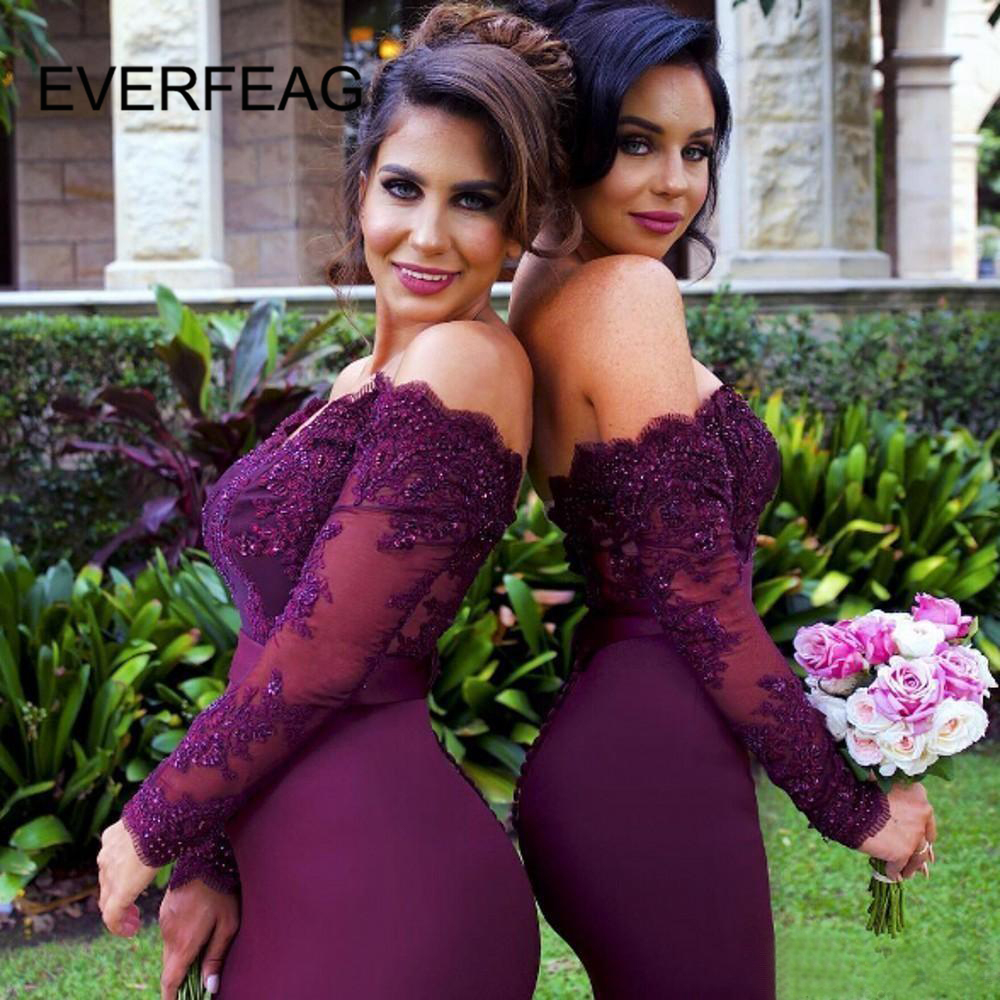 Lace Burgundy Bridesmaid Dresses Sexy Mermaid Long Sleeve Beaded Bridesmaid Dress Formal Maid Of Honor 2020 Custom