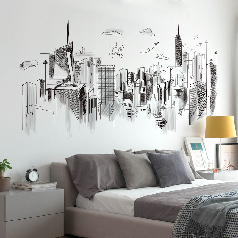 [shijuekongjian] Black Buildings Wall Stickers DIY Architecture Wall Decals for Living Room Bedroom Office House Decoration