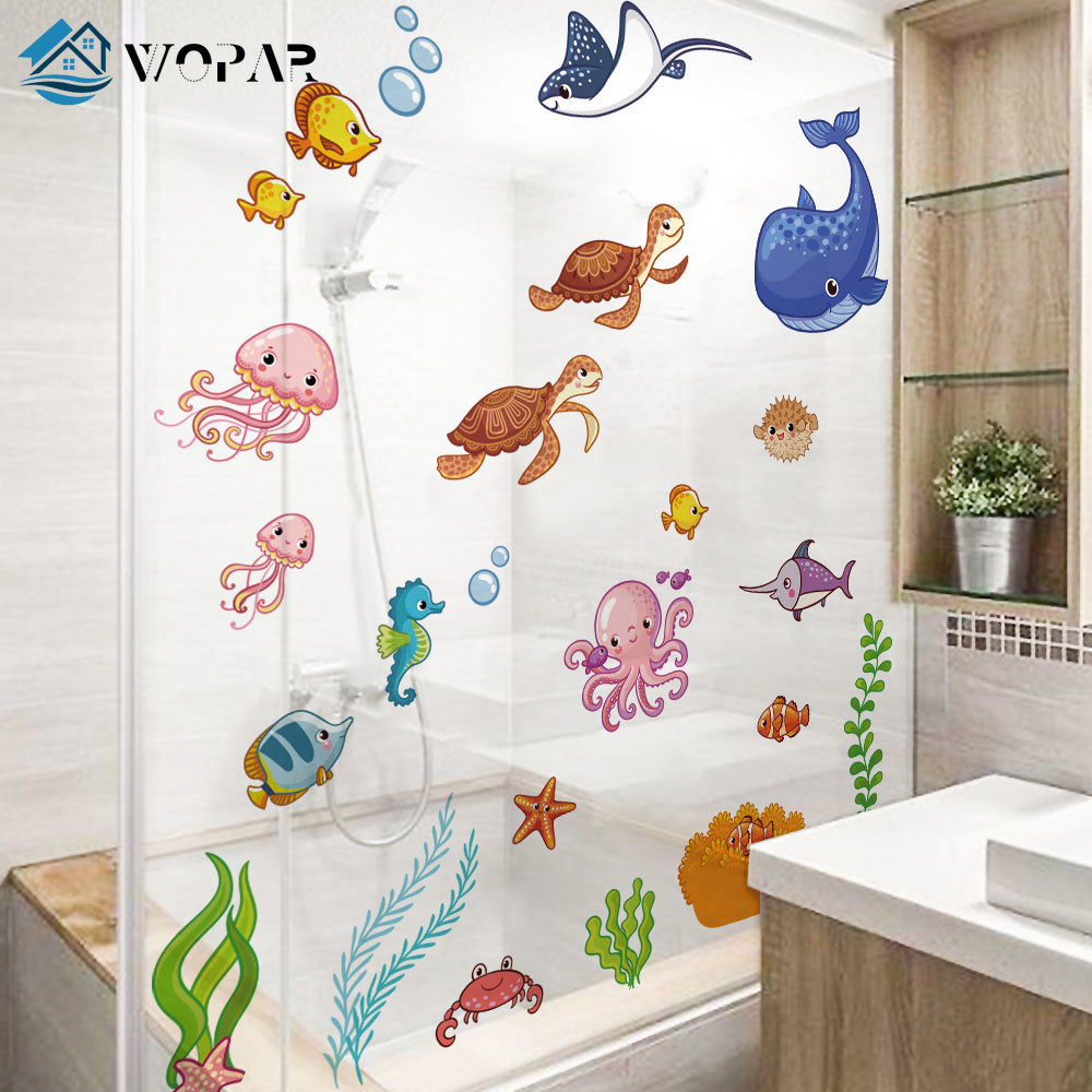 Waterproof Bath Sticker Fish Sea Cartoon Wall Sticker for Shower Children Kids Baby Bath Bathtub Tile Bathroom Sticker Removable