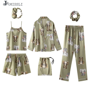 JRMISSLI Sexy Women Sleepwear Little Print Pajamas Green Sleep Lounge 7 Pieces Sets Ladies Home Clothing