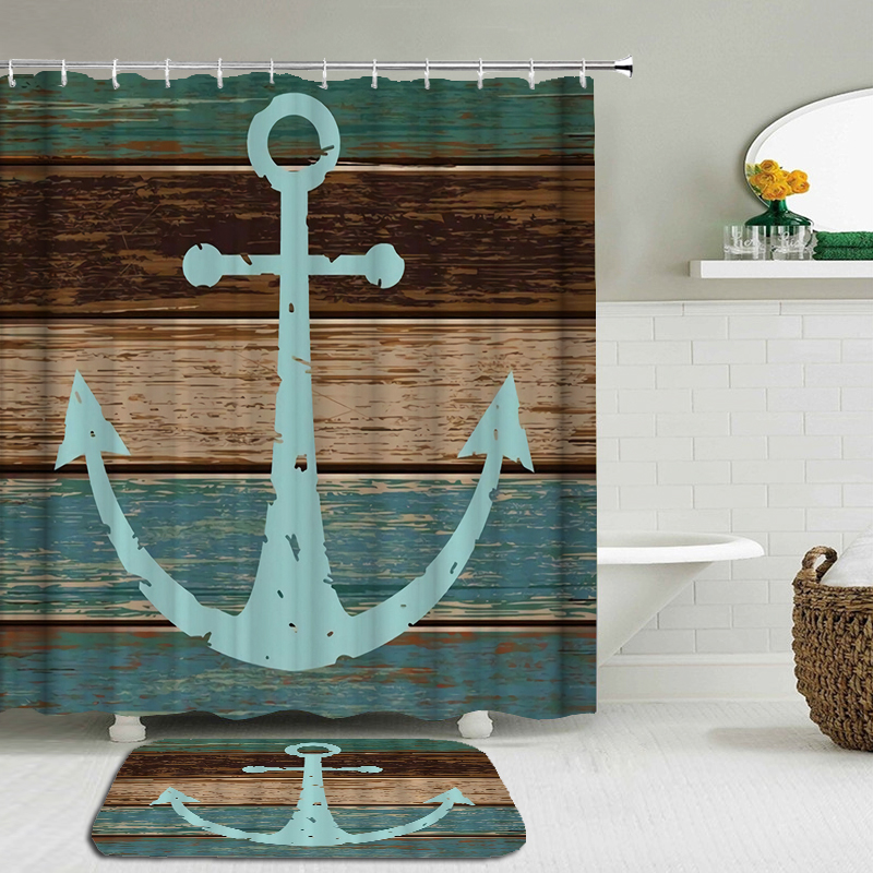 2Pcs/Set Retro Vintage Style Wooden Door 3D Printing Polyester Waterproof Shower Curtain Bathroom Curtain Anti-slip Mat Door