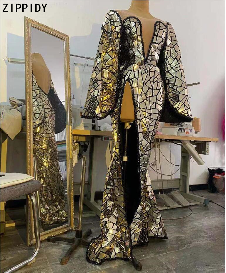 Bright Gold Sequins Slit Long Dress Birthday Celebrate Outfit Female Singer Show Stage Wear Evening Prom Party Costume Dress