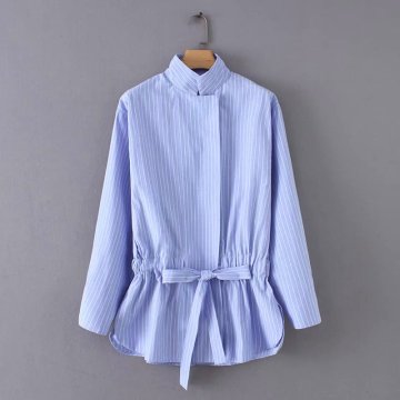 women vintage stand collar striped bow tie drawstring casual smock blouses shirts women chic kimono blusas femininas tops LS2773