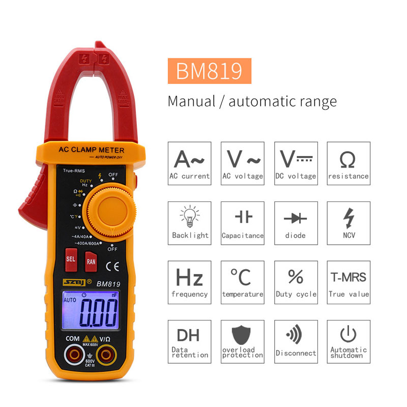 SZBJ BM818 BM819 Ammeter ACV/DCV ACA Auto Range Measurement of large capacitance NCV Digital clamp meter