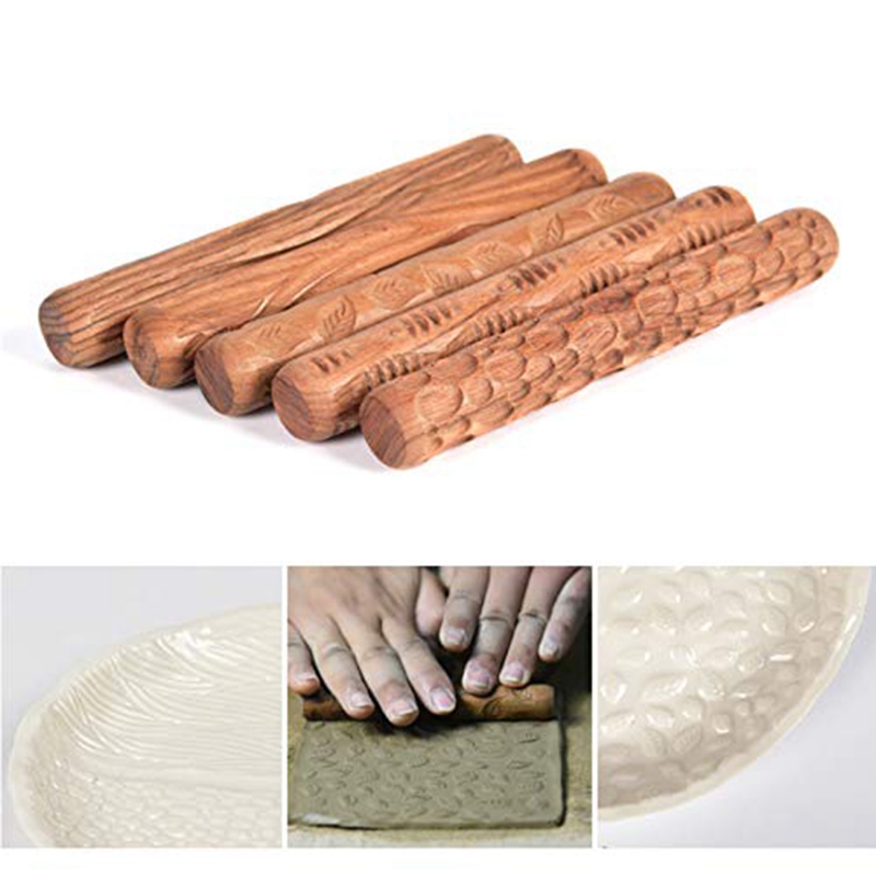5PCS Pottery Tools Wood Hand Rollers for Clay Clay Stamp Clay Pattern Roller