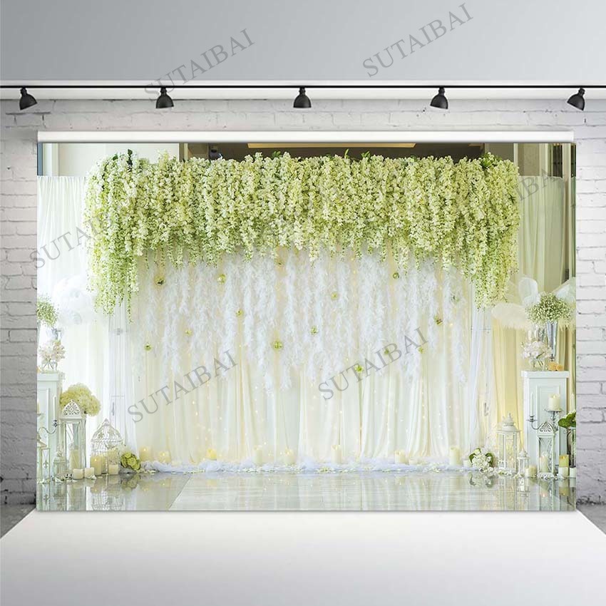 Wedding Event White Curtain Blossom Floral Garland Wall Photography Backgrounds Photographic Flower Backdrops for Photo Studio