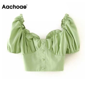 Aachoae Cotton Linen Cropped Blouses Women Chic Ruffle Short Sleeve Green Tops Sweet V Neck Solid Casual Blouse Shirt Blusas