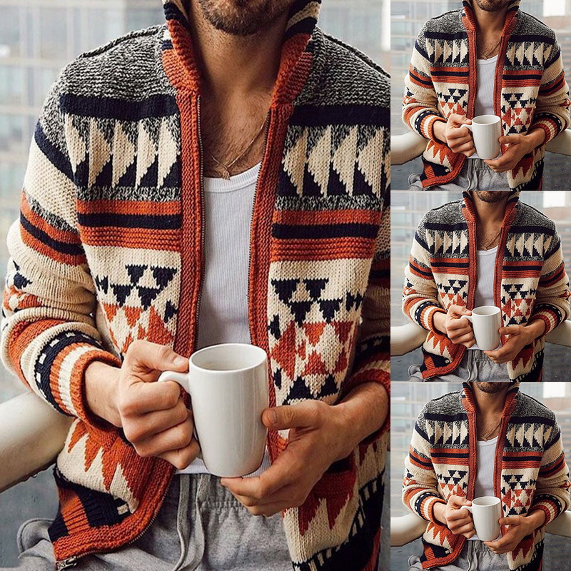 Men Autumn Sweater Coat Fashion Geometric Pattern Knitted Cardigan Outwear Men Zipper Vintage Sweater Coats Warm Winter Jumper