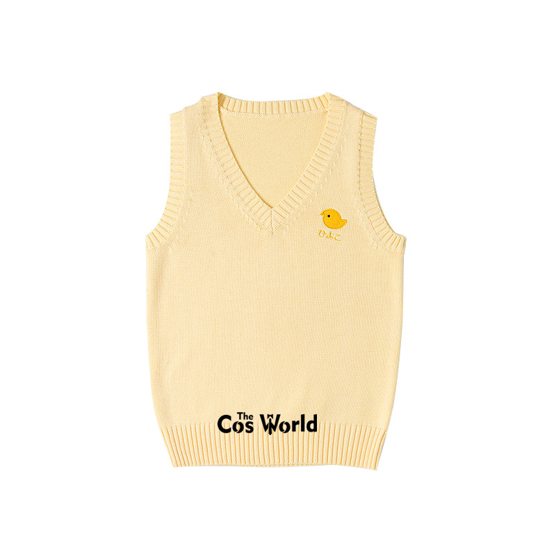 XS-XXL Spring Autumn Yellow Chick Sleeveless Knit Vests Pullovers V Neck Sweaters For JK School Uniform Student Clothes