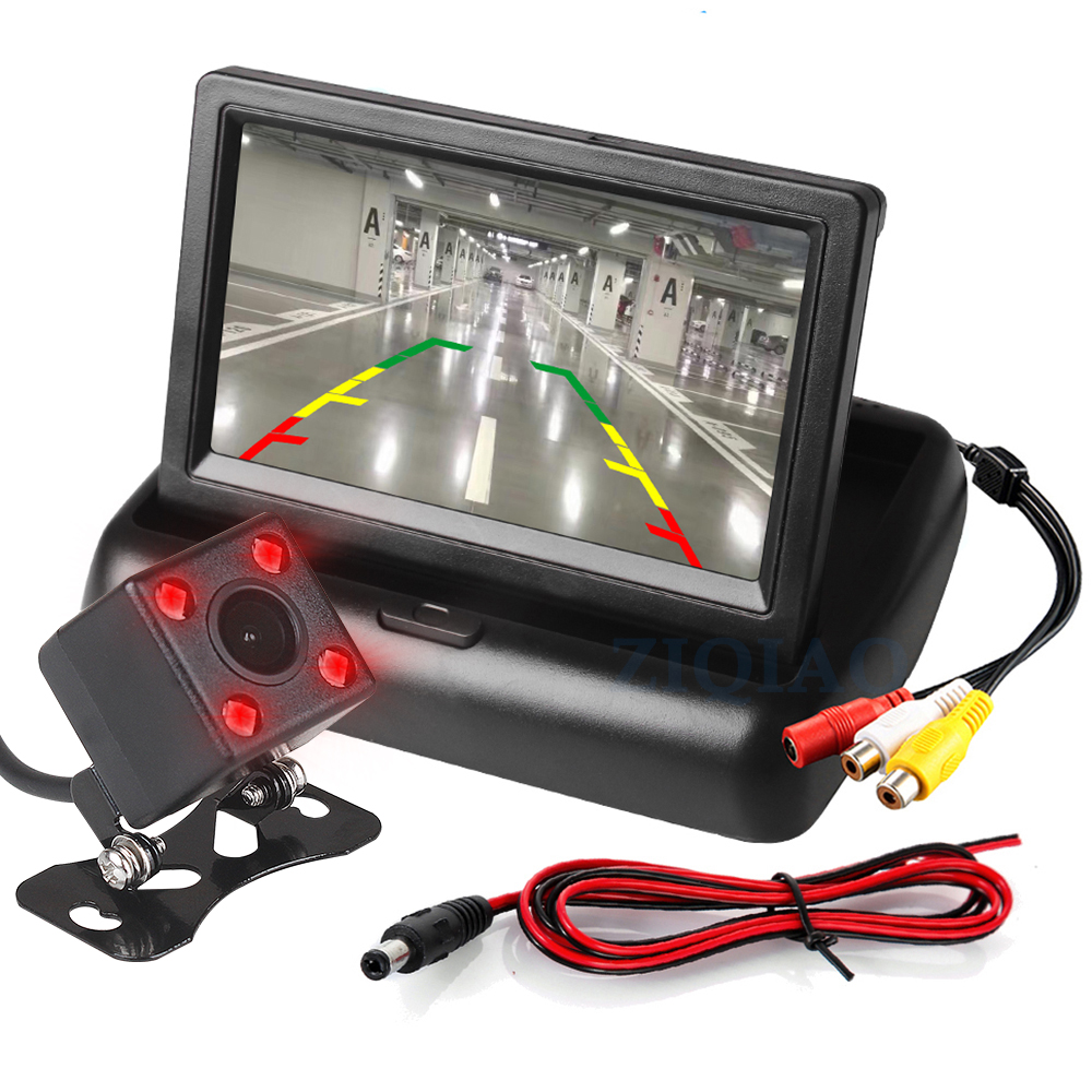ZIQIAO 4.3" TFT LCD Car Monitor IR Camera Wireless Video Transmitter Receiver Kit for Parking Reverse Rear View Monitor System