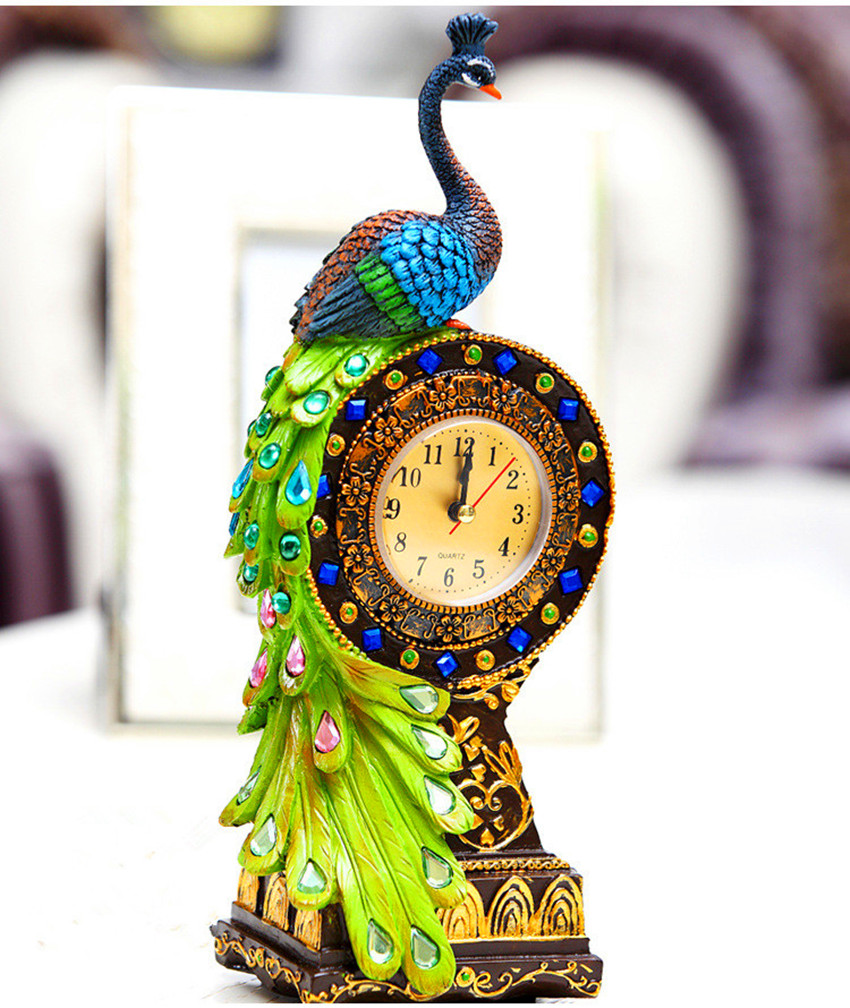 Free Shipping Refine Table Clock Resin Cafts Tropical Flavor Peacock Clock Home Decor Ornament Pastoral Quartz Jump Gems