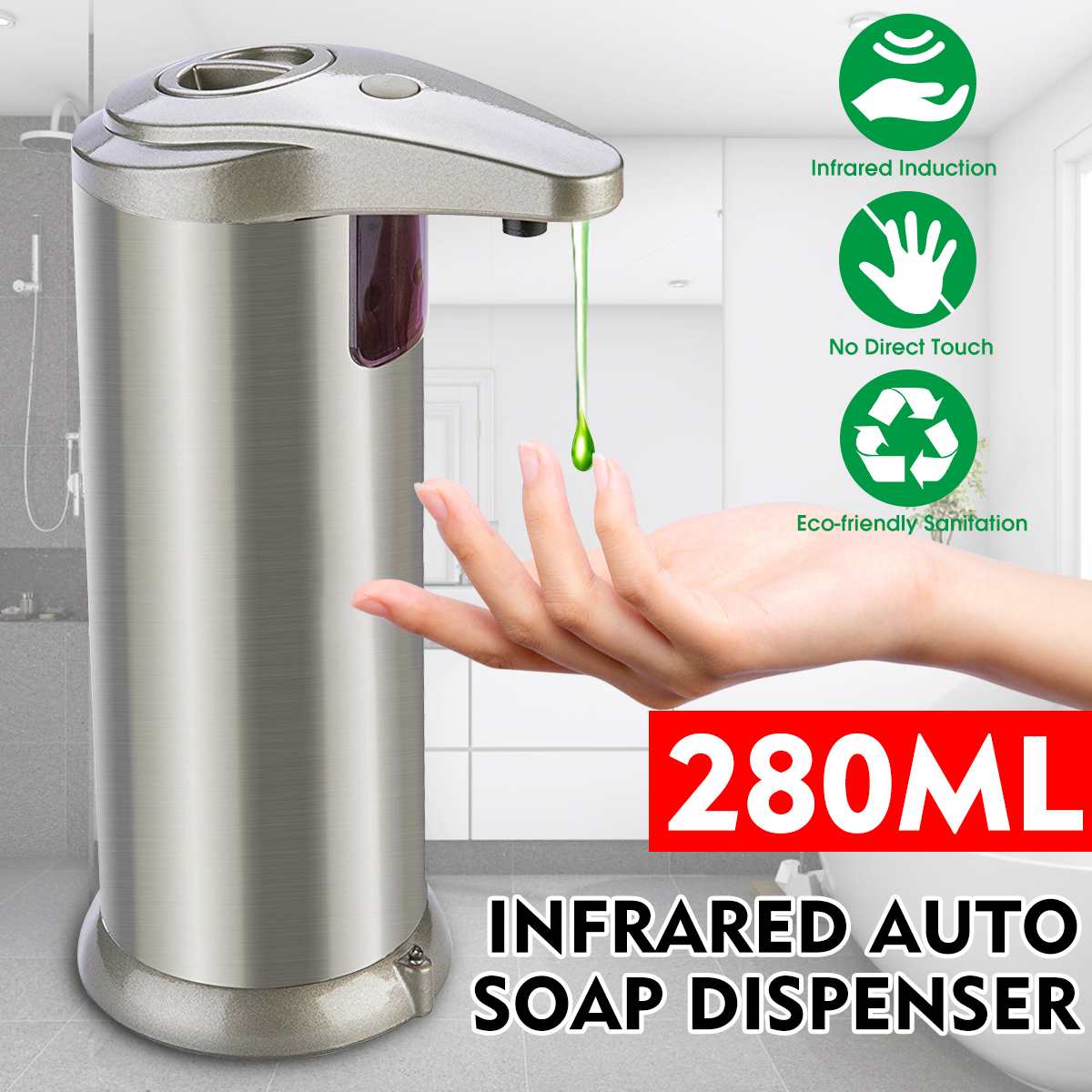 280ml Touchless Liquid Soap Dispenser Stainless Steel Infrared Sensor Automatic Liquid Soap Dispenser for Kitchen Bathroom