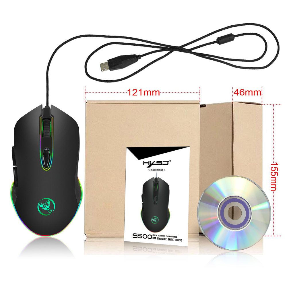 HXSJ Programmable Gaming Mouse 4800DPI 6 Buttons RGB Backlit USB Wired Optical Mouse Gamer for PC Computer Laptop
