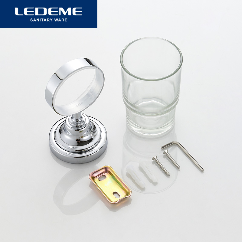 LEDEME Cup & Tumbler Holders Chrome Bathroom Accessories Wall Mounted Single Tumbler Holder With Glass Toothbrush Cups L1406