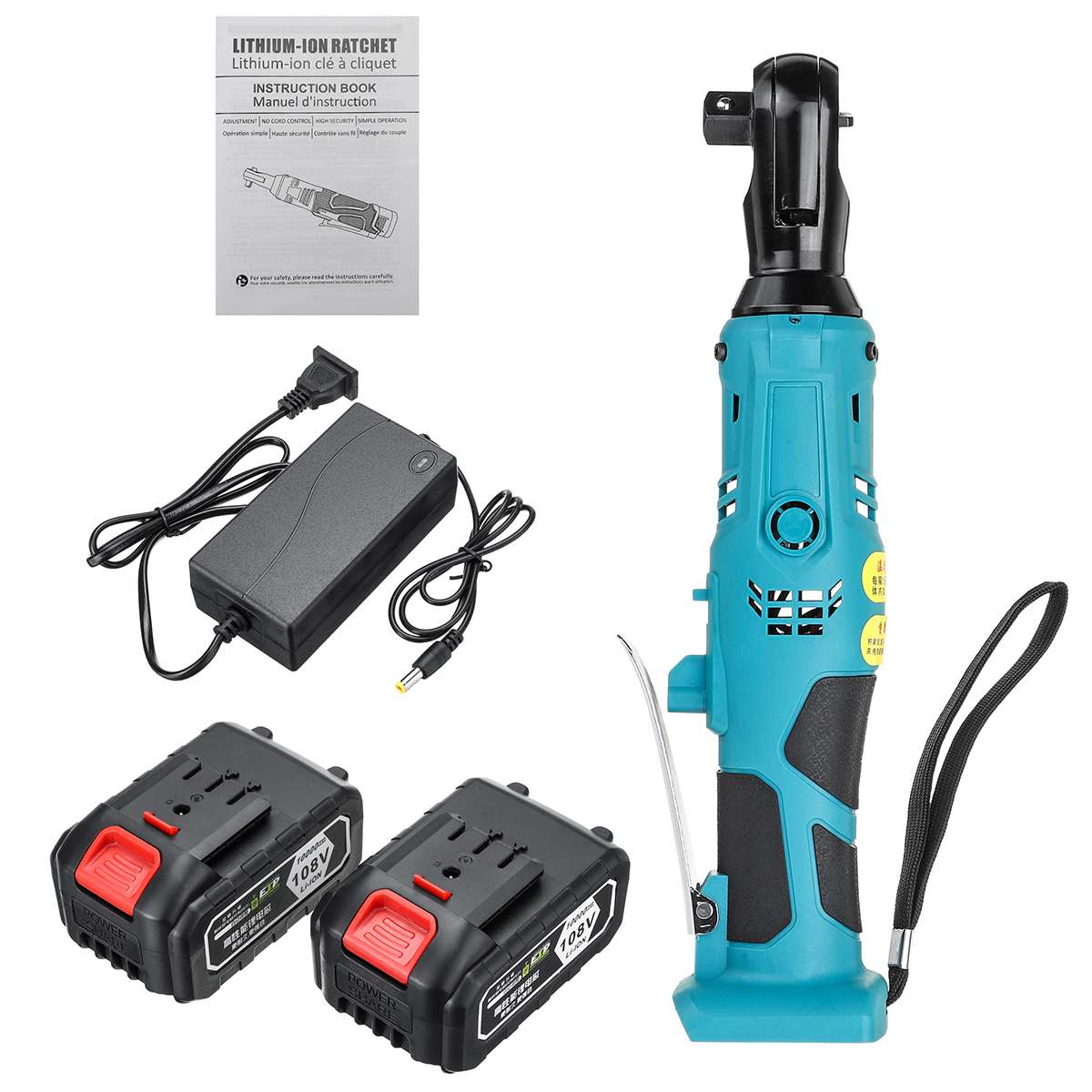 NEW 160N.m Cordless Electric Wrench 108V Ratchet Wrench Repair Tool Rechargeable Right Angle Wrench with 2 Battery Charger Kit