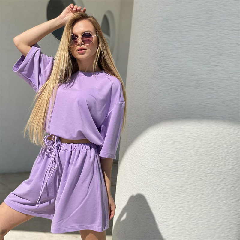 Rapcopter Solid Color Casual Woman Set Short Sleeve Drawstring Streetwear Suit 2020 Summer New Fashion Two Piece Sets Tee Shorts