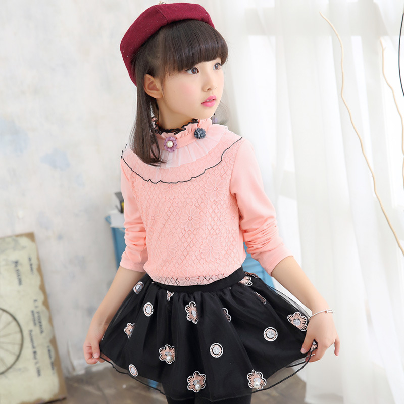 Autumn Winter Kids Clothes Girls Flower Blouse Shirt Warm Turtleneck Cotton Tops Tee Children Lace 2-13Yrs Girl School Clothing