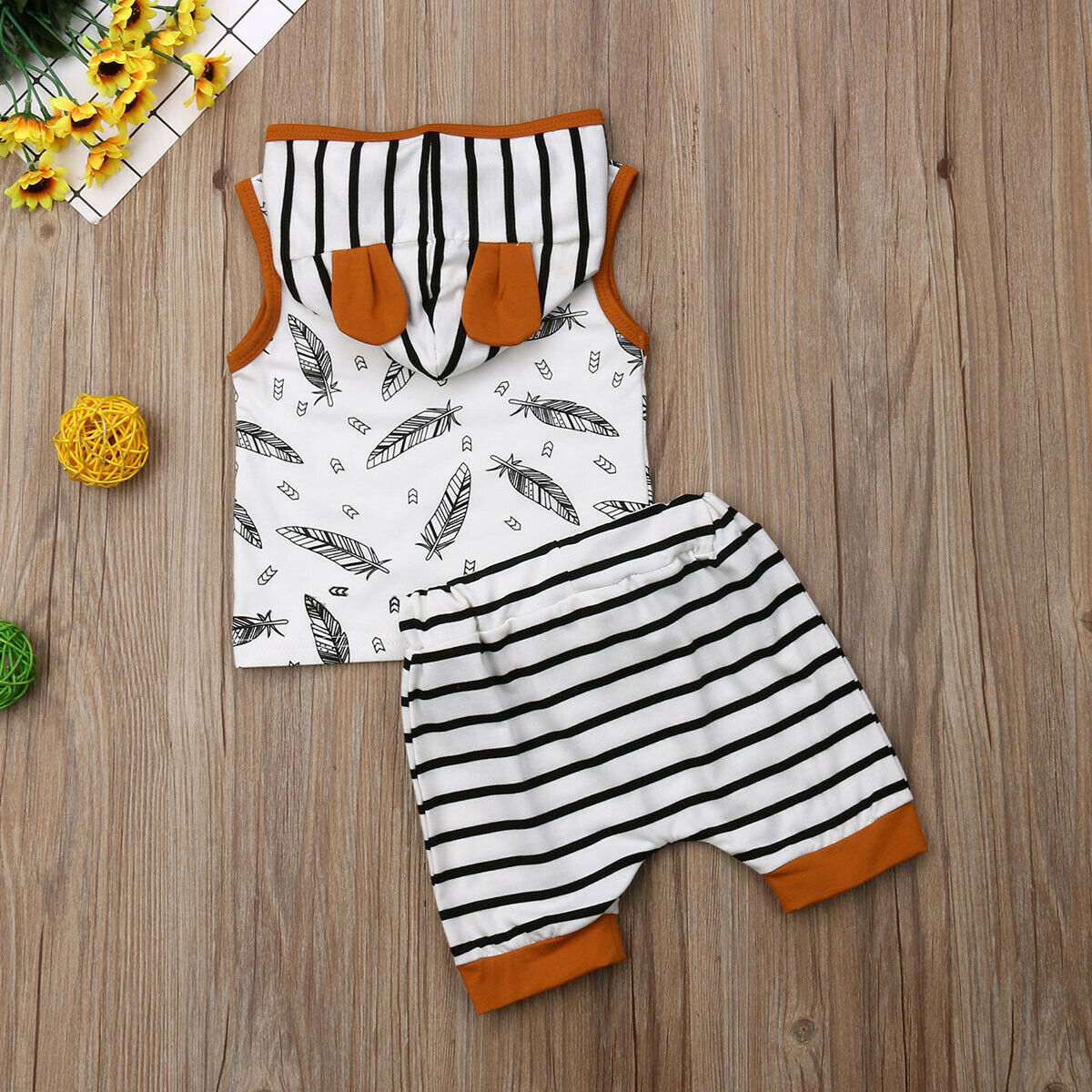 New Arrivels 2pcs Set Toddler Baby Boy Girl Feather Hooded T-shirt Tops+Stripe Shorts Pants Outfits Summer Clothes