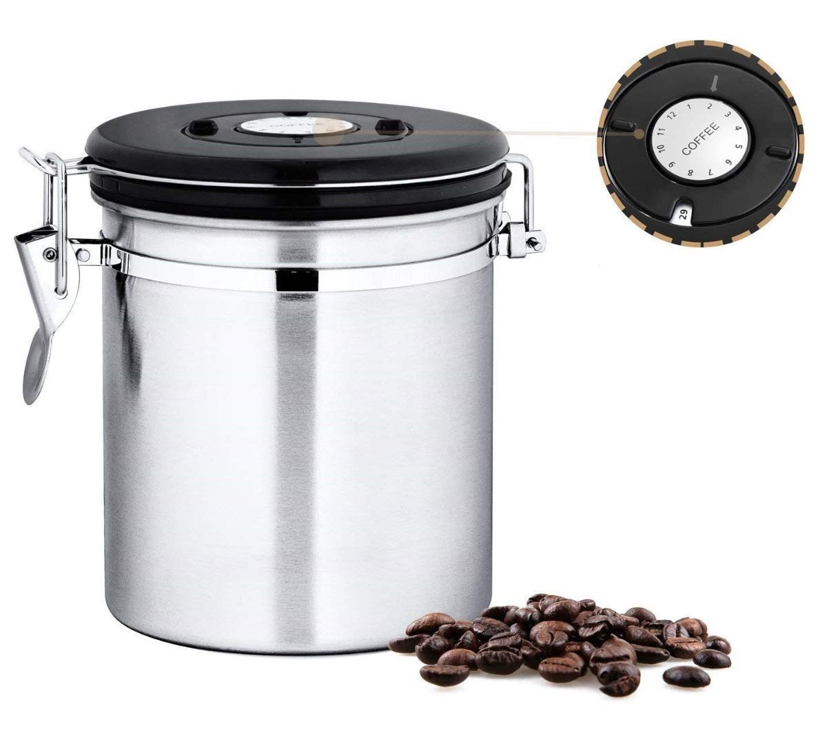 Leeseph Stainless Steel Coffee Container - Coffee Beans Canister with co2 Valve, Black