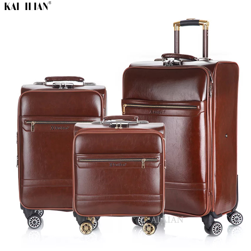 NEW 3PCS 16''20/24 inch Rolling luggage set travel suitcase Cabin trolley luggage business carry on suitcase PU leather big bag