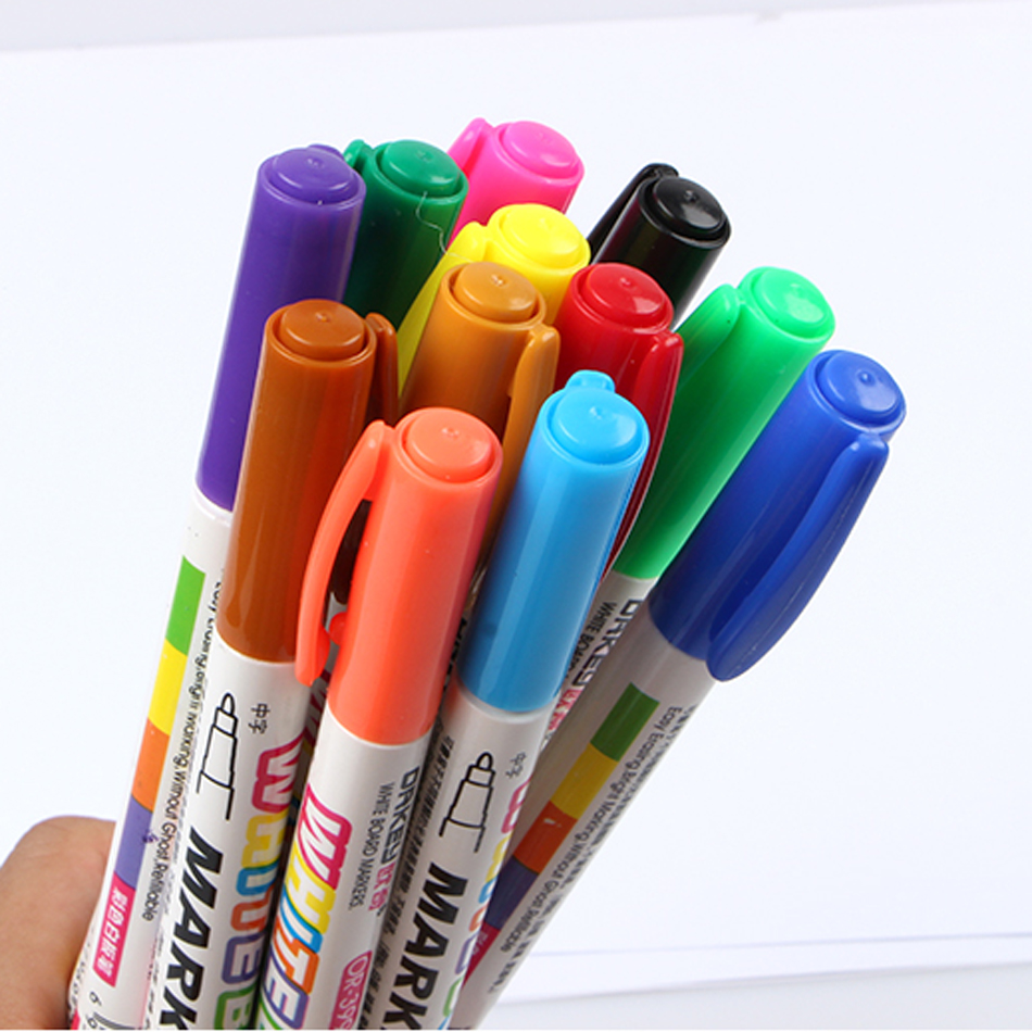 12Pcs/lot Colors White Board Maker Pen Liquid Chalk Erasable Glass Ceramics Easy Erasing For Writing Pens Office School Supply