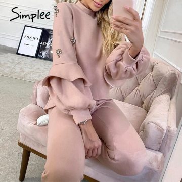 Simplee Casual solid lantern sleeves suit set O-neck faux jewels cuffs falbala women set Home soft autumn winter two piece set