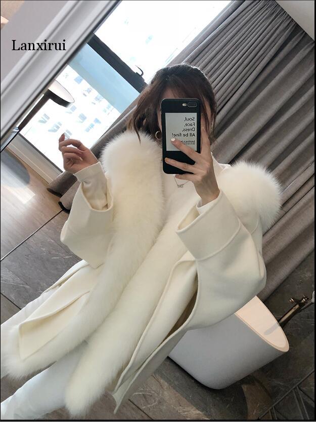 Casual Winter Jacket Women Natural Real Fox Fur Collar Cashmere Wool Blends Outerwear Coat Streetwear Loose Cloak