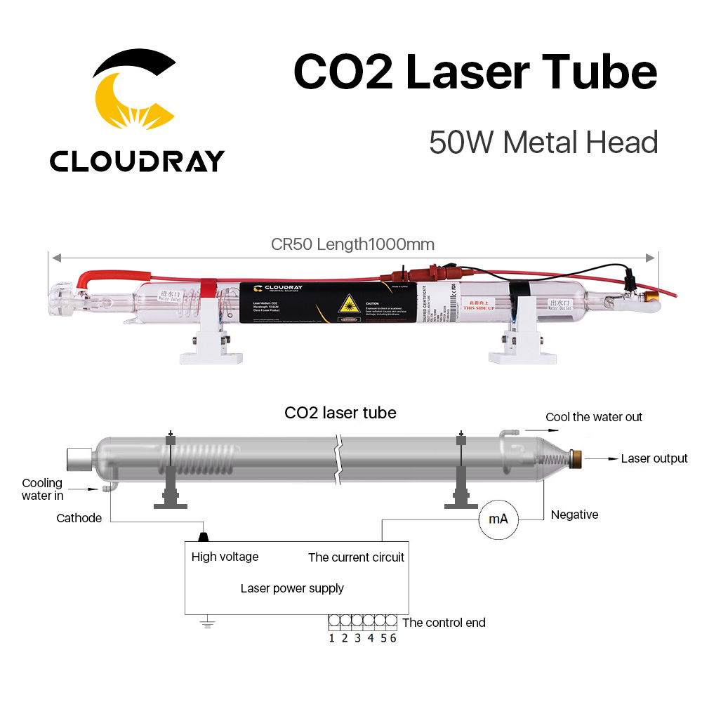 Cloudray Upgraded CO2 laser tube Metal Head 1000MM 50W Dia.50 Glass Pipe Lamp for CO2 Laser Engraving Cutting Machine