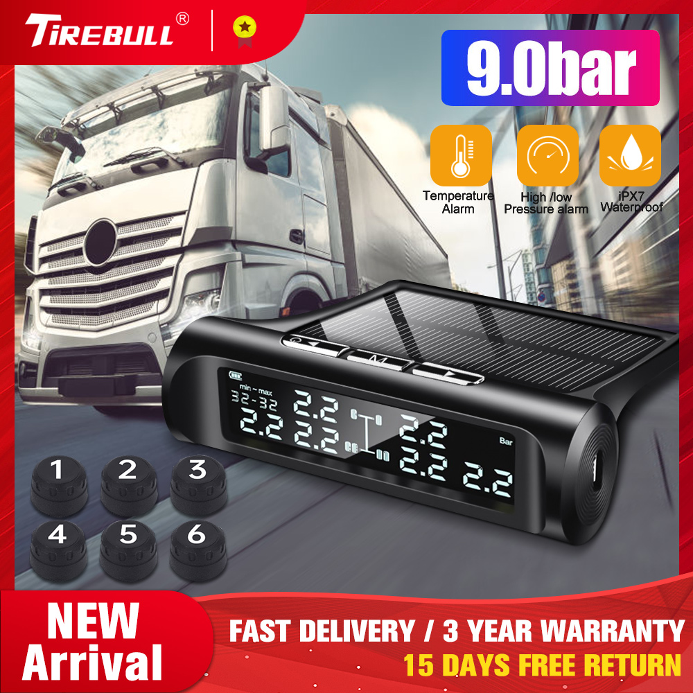 Car Truck Tire Pressure Monitoring System 14 Bar LCD Screen Lorry TPMS Solar Tire Pressure Real-Time Alarm 6PCS External Sensor