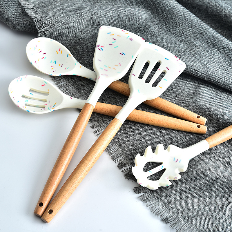 Colorful Dot Kitchenware Silicone Cooking Utensils Set Non-stick Spatula Heat Resistant Wooden Handle Cooking Kitchen Tools